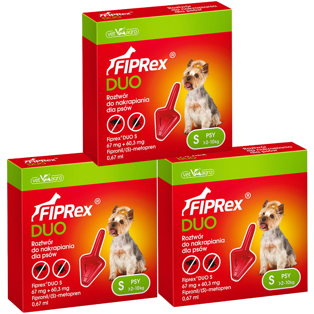 Fiprex DUO S KROPLE od pcheł kleszczy dla psa 2-10kg 3x0,67ml na 90dni